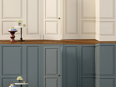 Modern Kitchen Interior With Paneled Walls Gray Cabinets And Wooden Countertop 3d model