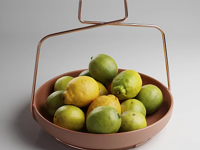 Fresh Green Limes And Yellow Lemons In Copper Metal Basket With Handle On Light Background 3d model