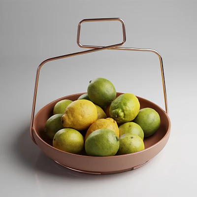 Fresh Green Limes And Yellow Lemons In Copper Metal Basket With Handle On Light Background 3d model
