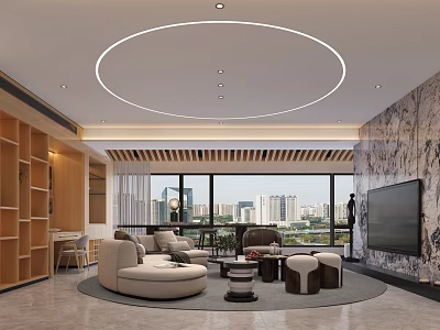 Modern Living Dining Room Interior With Circular Ceiling Light Sofa Coffee Table And City View 3d model