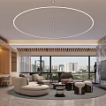 Modern Living Dining Room Interior With Circular Ceiling Light Sofa Coffee Table And City View