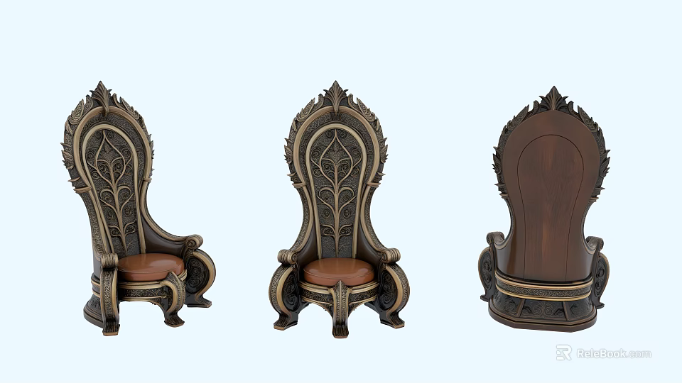Exquisite Carved Royal Throne Style Wooden Single Chair With Comfortable Leather Seat Multi Angle 3d model 