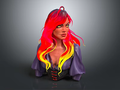 Female Character 3D Bust Featuring Red Yellow Gradient Hair Yellow Eyes Purple Outfit Black Laces 3d model