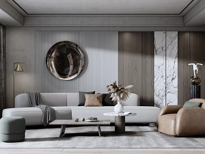 Modern Living Room Interior Design With Sofa Coffee Table Decorative Mirror Marble And Wooden Elements 3d model