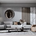 Modern Living Room Interior Design With Sofa Coffee Table Decorative Mirror Marble And Wooden Elements