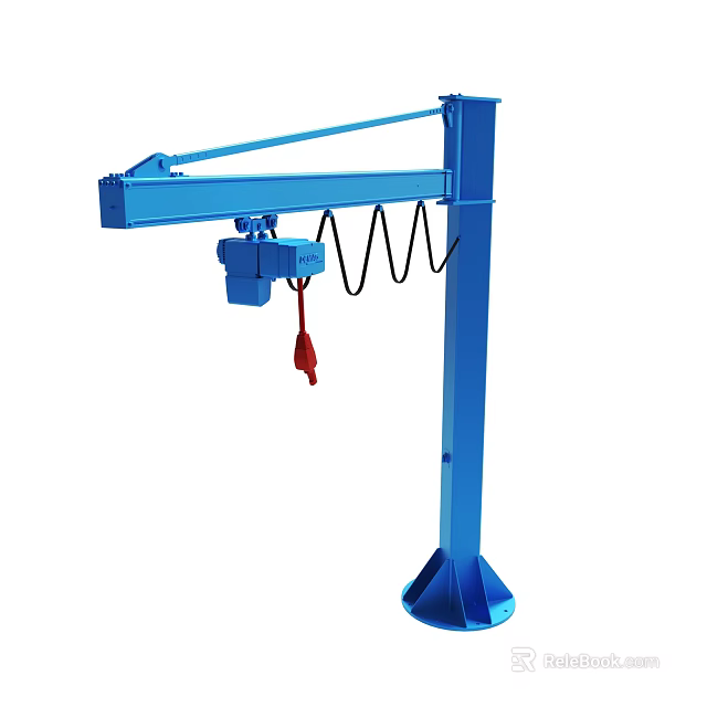 Blue Column Mounted Jib Crane With Hoist And Red Lifting Hook 3d model