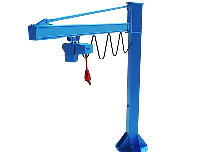 Blue Column Mounted Jib Crane With Hoist And Red Lifting Hook 3d model