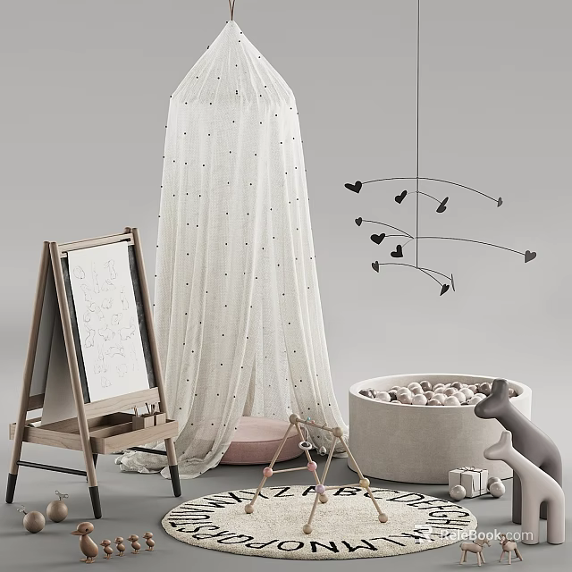 Decorative Ornament Set with Polka Dot Canopy Wooden Easel Heart Mobile Stuffed Basket Kangaroo Toy 3d model 