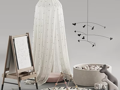 Decorative Ornament Set with Polka Dot Canopy Wooden Easel Heart Mobile Stuffed Basket Kangaroo Toy 3d model