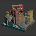 Vibrant Colored Buildings with Small Bridge Water and Boat in Miniature Model