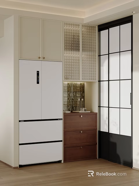 Modern Cream White Wine Cabinet With Patterned Glass Panels And Solid Wood Storage Drawers 3d model 