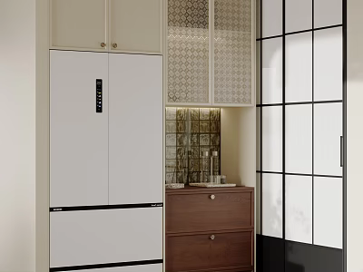 Modern Cream White Wine Cabinet With Patterned Glass Panels And Solid Wood Storage Drawers 3d model