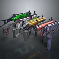 Colorful Futuristic Weapon Designs With Green Yellow Red Color Schemes And Intricate Structural Details