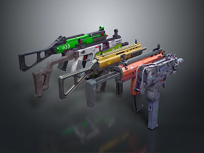 Colorful Futuristic Weapon Designs With Green Yellow Red Color Schemes And Intricate Structural Details 3d model