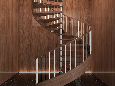 Elegant Wooden Spiral Staircase With White Railings And Dark Floor Ambient Lighting 3d model