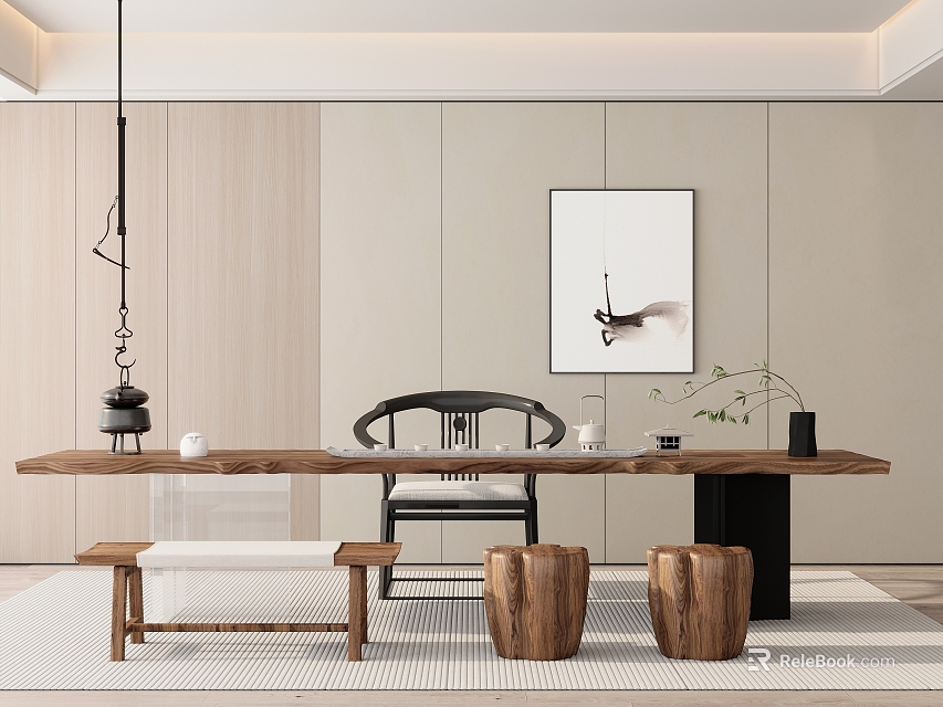Traditional Chinese Tea Table And Chairs With Wooden Stools And Decorative Painting 3d model 
