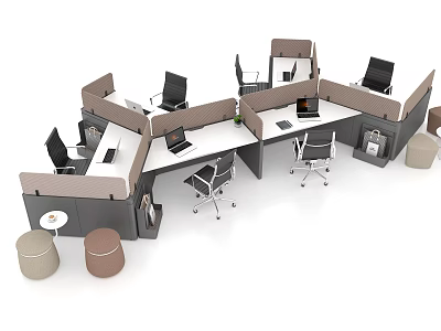 Modern Office Workstations With Cubicle Design Computers Office Chairs And Stools 3d model