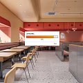 Orange Walled Red Accented Restaurant Interior With Long Tables Yellow Chairs And Metal Counter