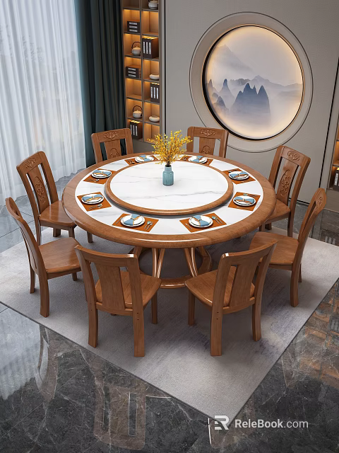 Chinese Style Round Dining Table Set with 8 Solid Wood Chairs Rotating Tray and Vase 3d model
