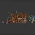 Tropical Beach Hut With Wooden Deck Palm Tree And Canoe On Sandy Shore
