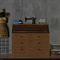 Vintage Console Cabinet With Drawers Dress Form Sewing Machine Books And Gray Wall