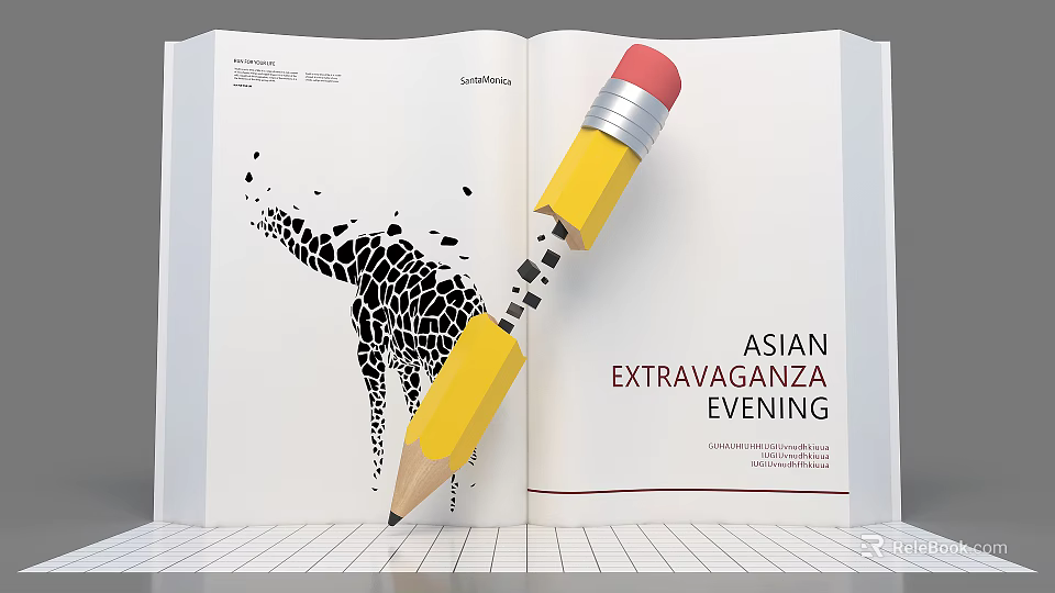 Open Book With Giraffe Illustration And Yellow Pencil For Asian Extravaganza Evening 3d model 