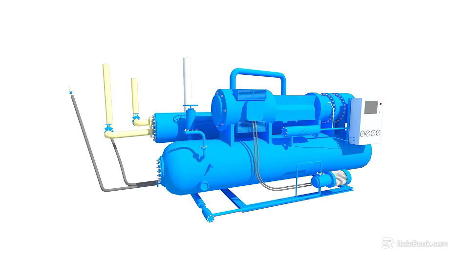 Blue Industrial Compressor With Heavy Duty Pipes And Control Panel System 3d model 