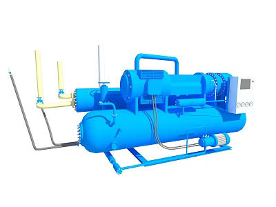 Blue Industrial Compressor With Heavy Duty Pipes And Control Panel System 3d model
