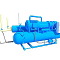 Blue Industrial Compressor With Heavy Duty Pipes And Control Panel System