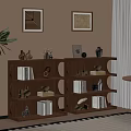 Elegant Room Interior With Brown Bookshelf Decorative Items Wall Art And Green Plant