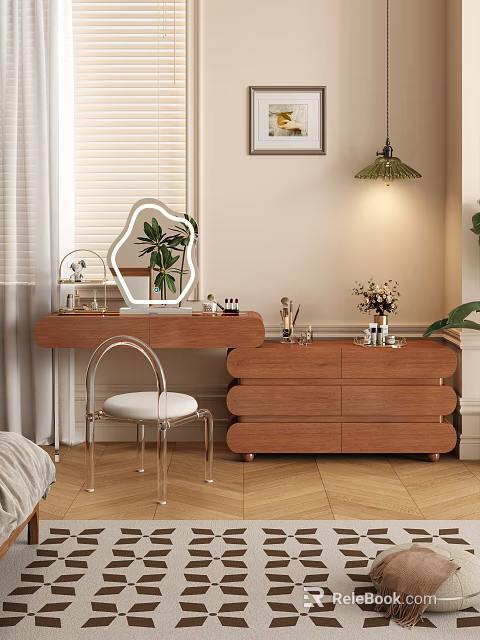 Elegant Modern Wooden Dressing Table With Irregular Mirror Transparent Chair And Green Plant 3d model 