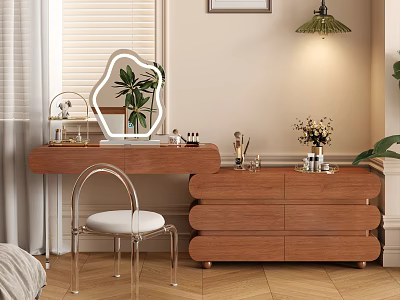Elegant Modern Wooden Dressing Table With Irregular Mirror Transparent Chair And Green Plant 3d model