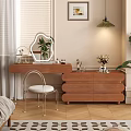 Elegant Modern Wooden Dressing Table With Irregular Mirror Transparent Chair And Green Plant