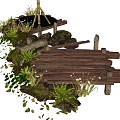 Garden Landscape Wooden Bridge Plant Stone Green Plant Hair Stone Rotten Wood Floor Ruins 3d model