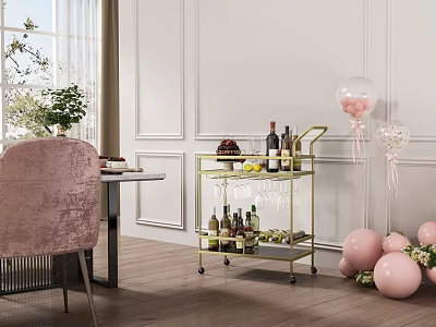 Gold Side Cart With Wine Bottles Glasses And Fruits Near Pink Balloons And Green Plants 3d model