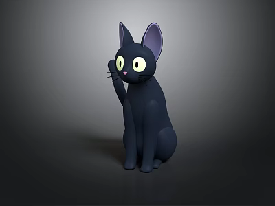Cartoon Black Cat with Big Yellow Eyes and Purple Ears Sitting and Raising Paw 3d model