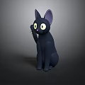 Cartoon Black Cat with Big Yellow Eyes and Purple Ears Sitting and Raising Paw