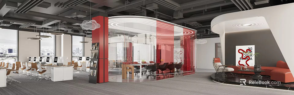 Modern Public Office Space With Red Curved Partitions Glass Walls And Open Layout 3d model 