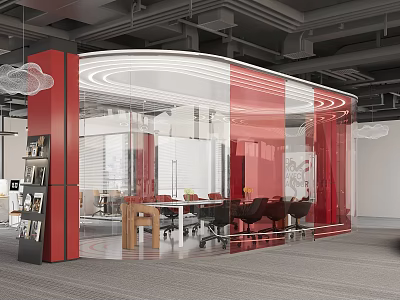 Modern Public Office Space With Red Curved Partitions Glass Walls And Open Layout 3d model