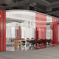 Modern Public Office Space With Red Curved Partitions Glass Walls And Open Layout