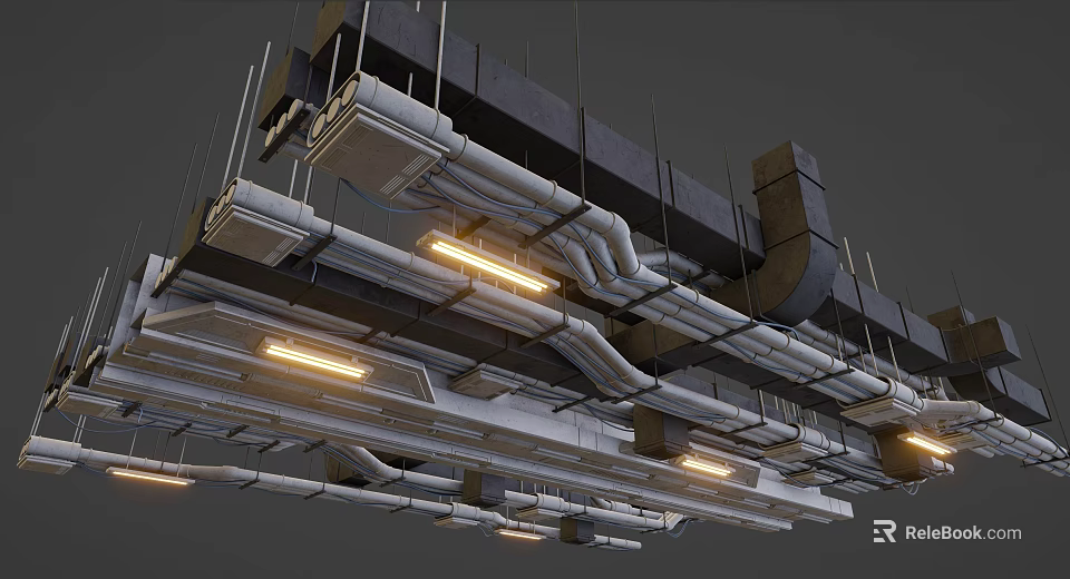 Suspended Ceiling With Exposed Pipes Recessed Lights And Industrial Interior Design 3d model 