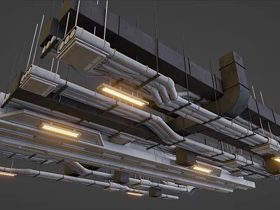 Suspended Ceiling With Exposed Pipes Recessed Lights And Industrial Interior Design 3d model