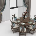 Round Dining Table Set With Six Chairs Green Cushions Tableware Vase And Window Curtains 3d model