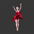 Ballerina Dancing In Red Dress With Flying Skirt Reflection On Gray Background Floor