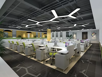 Modern Public Office Space With White Desks Green Chairs And Geometric Pendant Lights 3d model