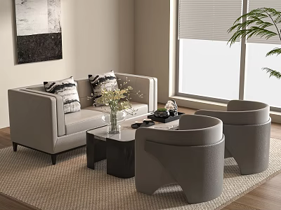 Modern Living Room Furniture Set With Light Gray Sofa Round Armchairs And Black Coffee Table 3d model