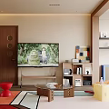 Modern Living Dining Room Open Concept With TV Bookshelf Colorful Rug Sofa And Green Plant