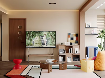 Modern Living Dining Room Open Concept With TV Bookshelf Colorful Rug Sofa And Green Plant 3d model