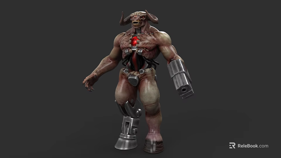 Game Movie Character Horned Muscular Demon Figure With Mechanical Arms Legs Exposed Red Heart 3d model 