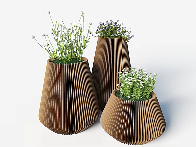 Brown Striped Tapered Vases With Green Plants White Flowers And Purple Blooms 3d model